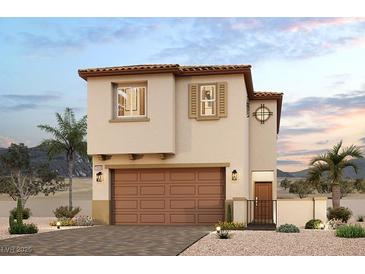 Two-story house with tan siding, brown garage door, and landscaping at 8598 Felker St, Las Vegas, NV 89166