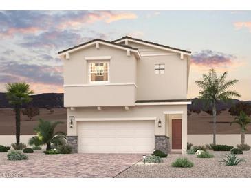 Two-story house with beige exterior, two-car garage, and landscaping at 885 Pointe Arbor St, Henderson, NV 89011