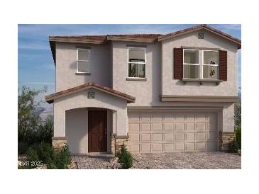 Two-story house with brown door, attached garage, and Spanish-style roof at 5748 Remy Rain St, Las Vegas, NV 89148