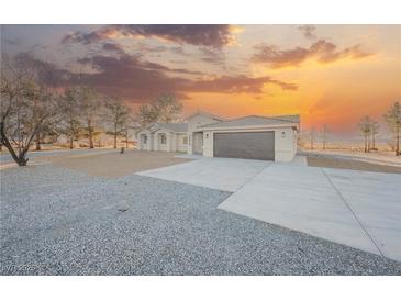 Newly built home with a gray garage door and gravel driveway at 2670 Zephyr Ave, Pahrump, NV 89048