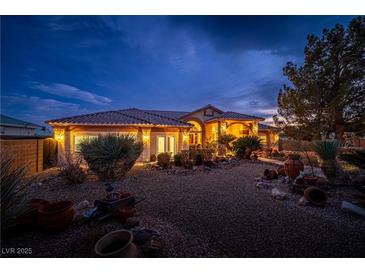 Single-story home with desert landscaping, lighting, and large front yard at 3361 Winery Rd, Pahrump, NV 89048