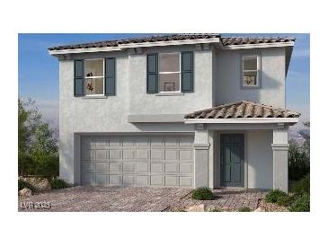 Two-story house with gray siding, attached garage, and dark gray accents at 5742 Remy Rain St, Las Vegas, NV 89148