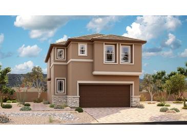 Two-story house with brown exterior, stone accents, and a two-car garage at 6472 Dove Point Pl, Las Vegas, NV 89130