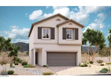 Two-story house with gray garage door and dark brown shutters at 6480 Dove Point Pl, Las Vegas, NV 89130