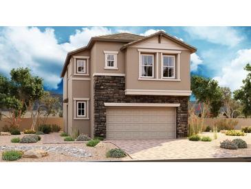 Two-story house with stone accents and a two-car garage,landscaped front yard at 6488 Dove Point Pl, Las Vegas, NV 89130