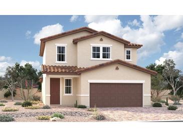 Two-story house with brown garage door and terracotta roof tiles at 9952 Angel Valley Dr, Las Vegas, NV 89178