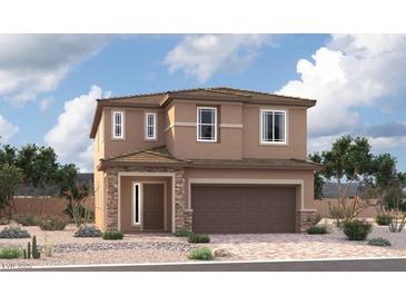 Two-story house with brown exterior, stone accents, and a two-car garage at 9964 Angel Valley Dr, Las Vegas, NV 89178