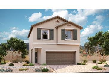 Two-story house with brown garage door and landscaping at 1009 Ferodale Ave, North Las Vegas, NV 89084