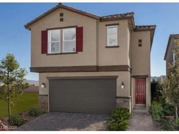 Two-story house with gray siding, red shutters, and a gray garage door at 4181 Nopal Serrano Ave, Las Vegas, NV 89141