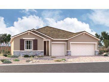 Tan two-story house with three-car garage, stone accents and brown shutters at 5547 Artex Ave, Las Vegas, NV 89139