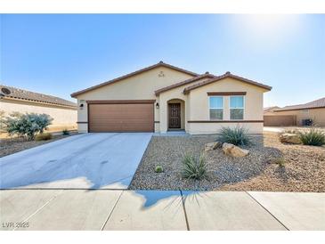 Single-story house with brown garage door and desert landscaping at 3811 E Chaffe Ave, Pahrump, NV 89061