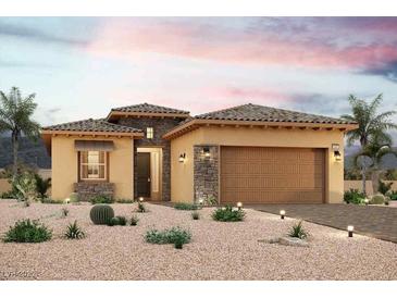 One-story house with brown roof, stone accents, and a two-car garage at 65 Ibiza Lake Dr, Henderson, NV 89011