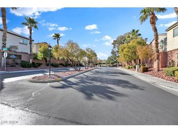 Landscaped entrance to a residential community with palm trees and well-maintained roads at 7868 Running Doe Ct, Las Vegas, NV 89149