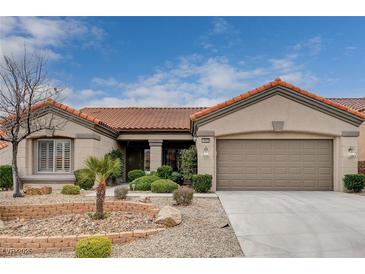 Single-story house with a two-car garage and landscaped front yard at 10525 Findlay Ave, Las Vegas, NV 89134