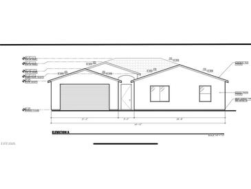 House exterior elevation plan showing a two-car garage and three-bedroom layout at 6690 Gallup Ct, Pahrump, NV 89060