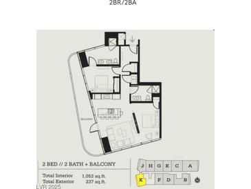 2 bed, 2 bath floor plan with balcony; 1,053 sq ft interior, 237 sq ft exterior at 4471 Dean Martin Dr # 3301, Las Vegas, NV 89103