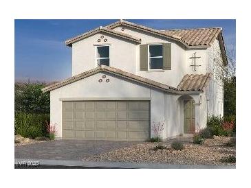 Two-story house with beige exterior, taupe garage door, and landscaping at 9150 Benton Woods St, Las Vegas, NV 89113