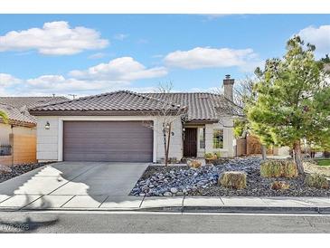 Single-story home with a brown garage door and landscaped front yard at 3757 Grand Viewpoint Ct, Las Vegas, NV 89147