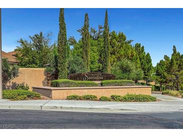 A beautiful stone community sign welcomes you to Santalina with lush landscaping and mature trees at 85 Alerion St, Las Vegas, NV 89138