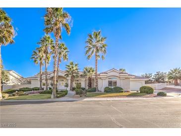 Beautiful single-story home featuring a circular driveway and mature palm trees in a manicured landscape at 8875 Steven Chase Ct, Las Vegas, NV 89149