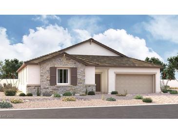 Charming single-story home featuring a stone facade, desert landscaping, and an attached two-car garage at 5563 Middleton Falls Ave, Las Vegas, NV 89139