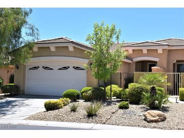 Charming single-story home featuring a well-manicured front yard with mature landscaping and a two-car garage at 10239 Premia Pl, Las Vegas, NV 89135