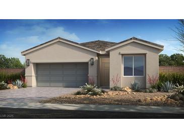 Charming single-story home features a two-car garage and low maintenance desert landscaping at 4280 E Brusca Way, Pahrump, NV 89061