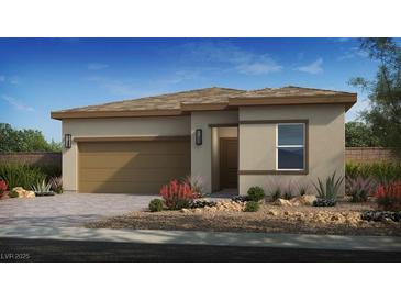 Charming single-story home with a desert landscaped yard, neutral color palette, and a two car garage at 4220 E Brusca Way, Pahrump, NV 89061