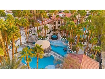 Aerial view of a luxurious backyard featuring a stunning pool with a bridge, water slide, grotto and lush landscaping at 2818 E Quail Ave, Las Vegas, NV 89120