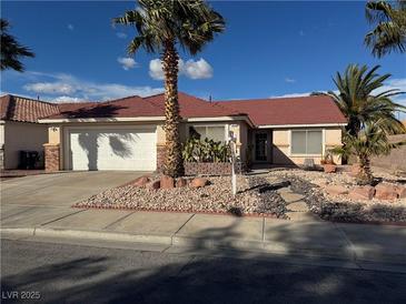 Charming single-story home featuring a well-manicured front yard with desert landscaping and mature palm trees at 1016 Wannamaker Way, Henderson, NV 89015