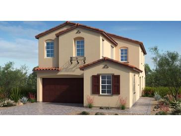 Charming two-story home featuring a brown garage door and a covered porch at 97 Tardando Ave, Henderson, NV 89015