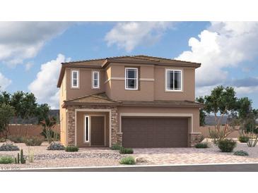 Two-story home featuring a two car garage, neutral stucco, rock accents and desert landscaping at 9825 Angel Valley Dr, Las Vegas, NV 89178