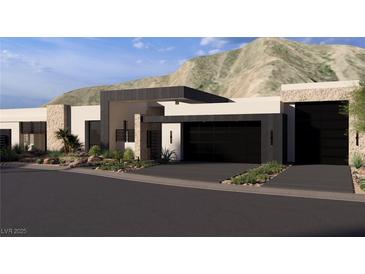 Modern exterior elevation featuring a clean design, desert landscaping, and a mountain backdrop at 4317 Cameron Brook Ct, Las Vegas, NV 89129