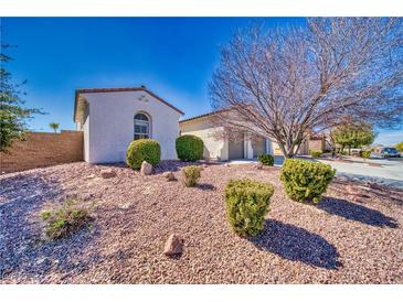 Charming single-story home featuring desert landscaping and a well-maintained yard, under a clear blue sky at 5295 Acqua Ln, Pahrump, NV 89061