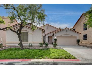 Charming single-story home featuring a well-manicured front yard, a two-car garage and a stucco exterior at 8605 Wild Diamond Ave, Las Vegas, NV 89143