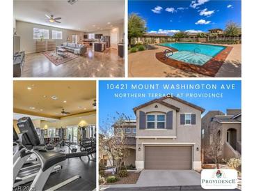 Real estate listing collage showcasing the house's interior, exterior, pool, and community gym at 10421 Mount Washington Ave, Las Vegas, NV 89166