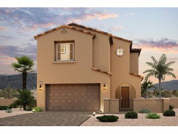 Charming two-story home featuring a tile roof, an attached garage and a desert-landscaped yard at 10668 Adeno Ave, Las Vegas, NV 89166