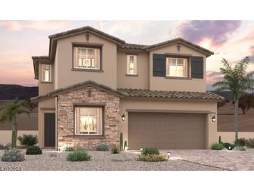 Charming two-story home with stone accents, neutral color palette, and well-manicured landscaping at 881 Dunkirk River Ct, Henderson, NV 89011