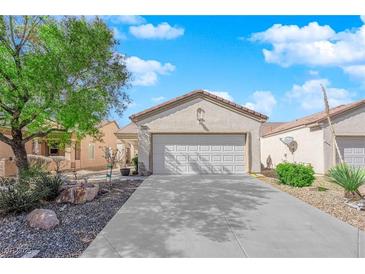 Charming single-story home featuring a well-maintained front yard with low-maintenance landscaping and attached two-car garage at 7633 Lily Trotter St, North Las Vegas, NV 89084