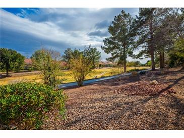 Scenic view of the golf course-adjacent landscaping with mature trees and beautiful rock ground cover at 2636 Highvale Dr, Las Vegas, NV 89134