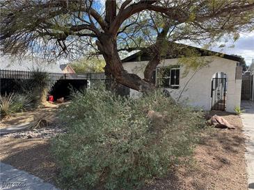 Charming stucco home with mature tree and xeriscape landscaping for low maintenance in the front yard at 617 S 9Th St, Las Vegas, NV 89101