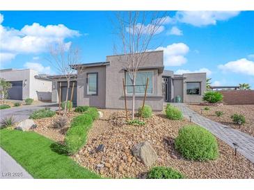 Charming single-story home featuring a desert landscape, paved walkway and a well-maintained front yard at 5095 E Long Leaf Ct, Pahrump, NV 89061