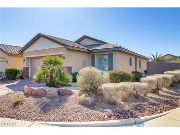 Landscaped front yard showcasing desert landscaping, mature plants, and charming facade of a single-story home at 6059 Saddle Horse Ave, Las Vegas, NV 89122