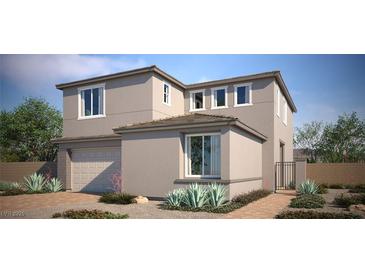 Two-story home featuring desert landscaping, neutral stucco, tile roof, multi-paned windows, and an attached two-car garage at 9271 Lunar Phase St, Las Vegas, NV 89143