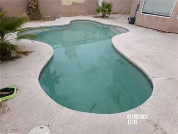 Inviting kidney-shaped pool surrounded by a concrete patio and desert landscaping at 8379 Drop Camp St, Las Vegas, NV 89123