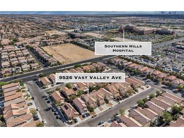 An aerial view showcasing the residential neighborhood surrounding 9526 Vast Valley Ave near Southern Hills Hospital at 9526 Vast Valley Ave, Las Vegas, NV 89148