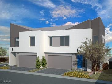 Contemporary townhome showcasing a modern design with a two-car garage, clean lines, and professional landscaping at 8629 Ensworth St # 111, Las Vegas, NV 89123