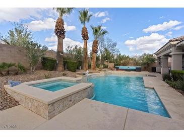 Resort-style pool and spa with mature landscaping and blue skies at 9668 Doraville Ave, Las Vegas, NV 89149