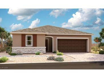 Charming single-story home featuring stone accents, a two-car garage, and desert landscaping at 10233 Tumbaga St, Las Vegas, NV 89183