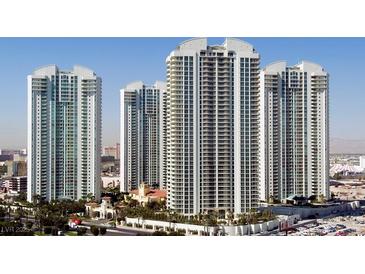 Striking exterior view of multiple high-rise luxury condominium buildings with balconies and city skyline at 2777 Paradise Rd # 607, Las Vegas, NV 89109